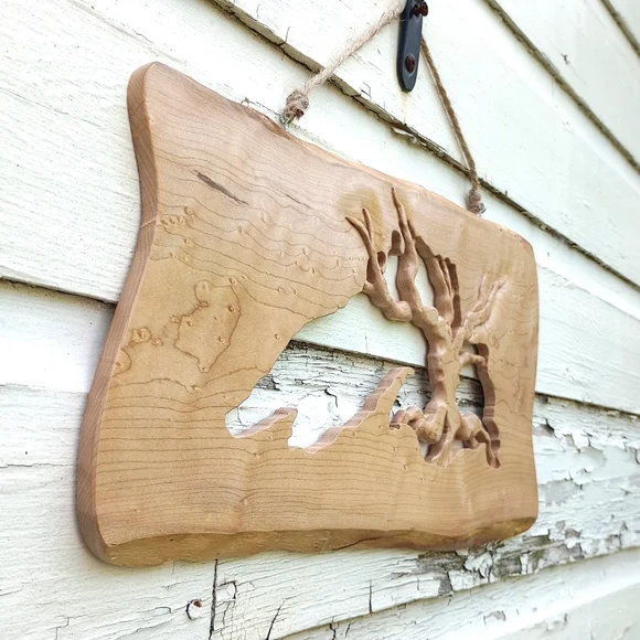 Hand Carved Wood Lake Superior Wall Hanging with Tree - Picture 5 of 6